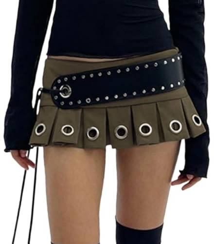 RSBFK Y2K Damenrock aus PU-Leder, niedrige Taille, Nietengürtel, plissiert, Mini-Clubwear-Rock, braun, M