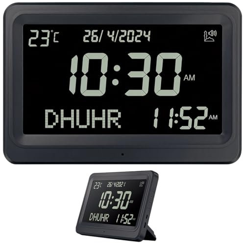Sound for Athan Prayer with Clock - Digital Calendar, Display LCD, Sounds Athan 8, Alarm Prayer of Cities Over 6000 for, Powered Battery, Muslim for Ideal Homes (23.5 cm X 15.8 cm)