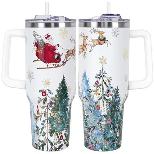 Christmas Gifts 40 oz Tumbler with Handle and Straw Lid,Cute Gifts for Women Santa Claus Sleigh Xmas Tree Vacuum Insulated Leak Proof Tumbler,Winter Holiday Accessories Stainless Steel Coffee Cup Mug