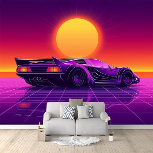 Papier Peint de Photo Voiture Sport Violette Dessin Animé Soleil 350x256 cm Papier Peint Panoramique Papier Peint intissé Murale Pour Chambre De Fille, Garçon, Chambre De Bébé Salon Chambre Décor
