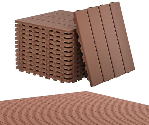 Aufun Fliesen Balkonfliesen 11 Stück, Terrassenfliesen in Holzoptik 30x30cm | Wasserfeste Gartenfliesen Kunststoff mit Klick-System, Bodenbelag für Balkon, Terrasse, Außenbereich, Braun-TyeA , 1m²