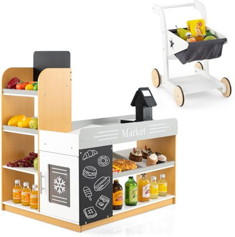 COSTWAY Pretend Play Shop, Kids Supermarket Playset with Shopping Cart, Chalkboard, Cash Register, Wooden Role Play Grocery Store for Children Ages 3+ (80 x 60 x 90cm)