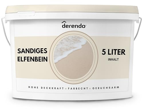 derendo Exklusive Wandfarbe beige 5L, hohe Deckkraft, Dispersionsfarbe innen, Innenwandfarbe Raumfarbe Sandiges Elfenbein matt, Deckkraftklasse 2, hochdeckende Innenfarbe Profi Qualität