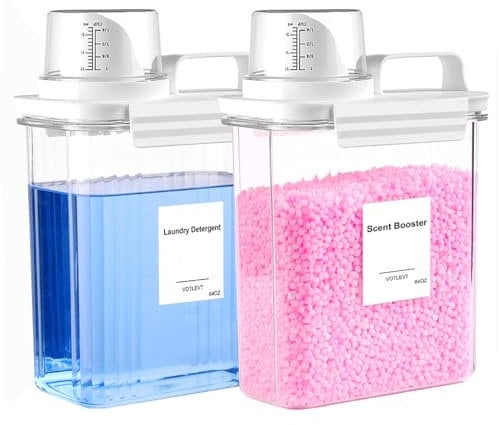 VOTLEVT Distributeur de détergent à lessive de 1,8 l, distributeur de savon à lessive liquide, distributeur d'adoucissant de tissu, booster de parfum/support de poudre à lessive et récipient,