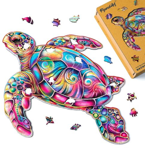 Figured'Art Holzpuzzle Erwachsene und Kinder 200 Teile Tiere - Meeresschildkröte - Originelles Design 32x31,8 cm Einzigartige Form mit Premium-Holzkiste