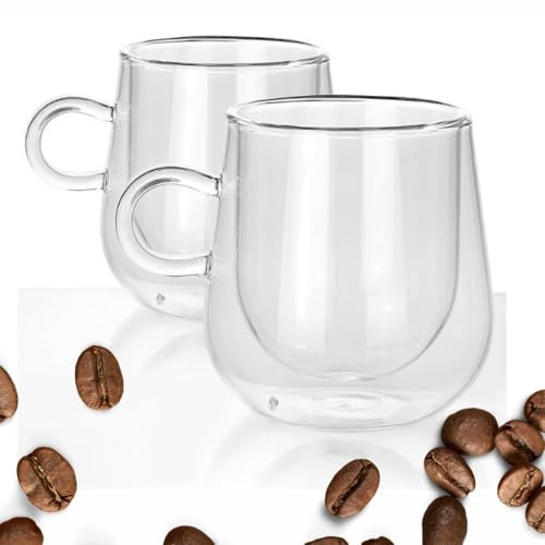 BERA HOME Double Walled Glass Mugs, Latte Glasses, Cappuccino Cups, Double Walled Glass Mugs with Handle Set of 2, Coffee Cups, Hot Drinks Cups