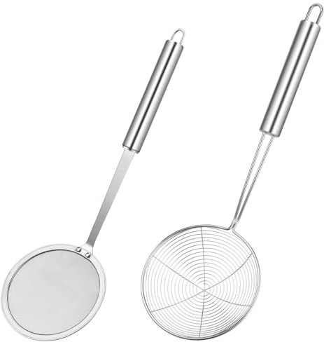 Juego de 2 coladores de araña extra grandes de 7 pulgadas y cuchara de espumadera de 4 pulgadas, cucharón versátil de acero inoxidable para cocina, cocina y freír