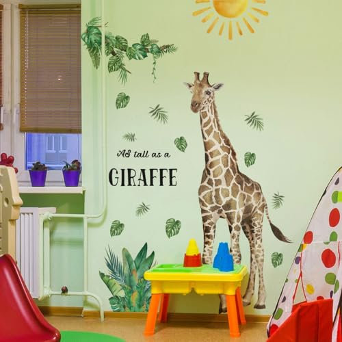 Mirabuy Große Giraffen-Wandaufkleber, Boho-Sonne, tropische grüne Blätter, so hoch wie eine Giraffe, Wandaufkleber für Jungen, Schlafzimmer, Kleinkind, Kinderzimmer, Kindertagesstätte, Klassenzimmer,