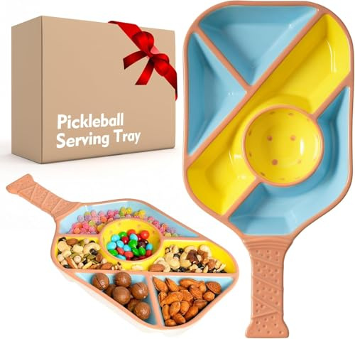 Payarma Pickleball Snack Serving Tray, Ceramic Racket Mould, 5 Compartment Snack Plate and Dipping Bowl, Funny Gift for Pickleball Fans Parties, Father's Day and Pickleball Accessories (Blue)