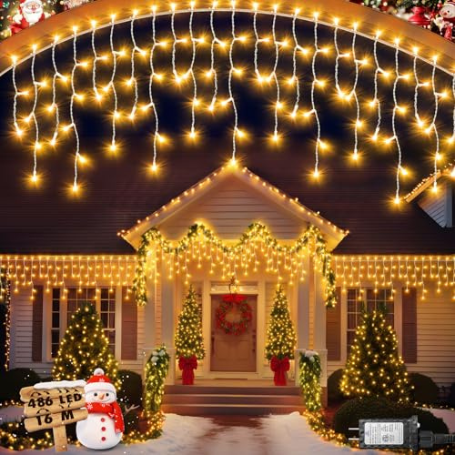 JIXXULVU Eisregen Lichterkette Außen, 486 LED-Weihnachtslicht für draußen, Timer & Speicher, Plug in 8 Modi Hanging Fairy Light mit 108 Tropfen für Haus Traufe Hof Patio (Warmweiß, 16m-486LED)
