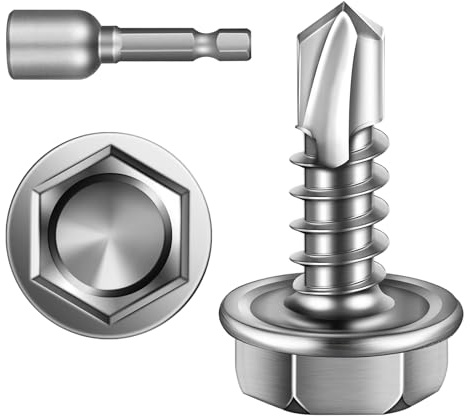 Wavanta 50 Stück M4,2 x 13 mm selbstschneidende Schrauben für Metall, 410 Edelstahl, Blechschrauben, Sechskant-Unterlegscheibenkopf, selbstbohrende Schraube mit Sechskant-Bit