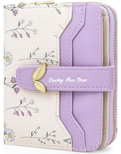 Busnos Portefeuille Femme avec Fleurs dans Violet, Organiseur avec Grand Compartiment à Monnaie et Nombreux Compartiments pour Cartes, Porte-Monnaie en Cuir PU