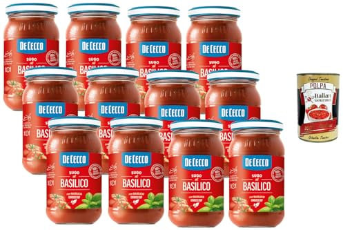 Italian Gourmet bundle für De Cecco Sugo al Basilico 12x200g, italienische Tomatensauce mit Basilikum im Glas, Pasta Sauce für Nudeln & Ofengerichte + Italian Gourmet polpa