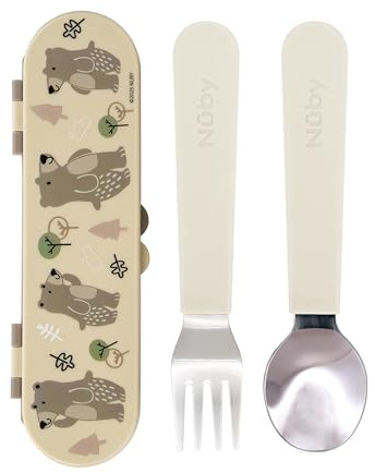 Nuby Stainless Steel Toddler Utensils with Travel Case – Easy-Grip Fork & Spoon Set for Self-Feeding, Safe Rounded Edges, Durable Stainless Steel, Perfect for On-The-Go Meals, Bears