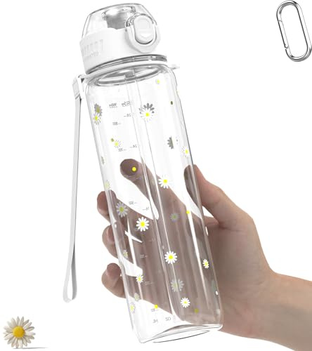MYFOREST Clear Daisy Water Bottle, Lightweight, Quick-Open Gulp Lid/Straw | 360° Leak-Proof, Drop/Scratch Resistant for Sports/Travel/Gym/Office, Minimalist Lifestyle, 34oz/1L Daily Hydration