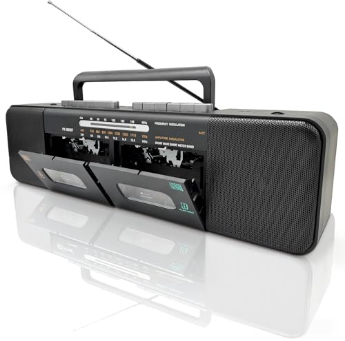 Dual Cassette Player Boombox with Bluetooth, AM/FM/SW Radio, USB TF Playback Recording, Karaoke Mic Input, 15W Stereo Sound, AC or 6 UM-1 Battery Powered, 80s Retro Vintage Black