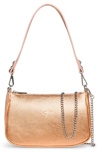 Caspar Leder Umhängetasche Damen Schultertasche Echtleder Crossbody Bag mittelgroß Handtasche mit Schultergurt und Kettenriemen - PREMIUM LINE - Modell No.850 - Made in Italy, Farbe:roségold metallic