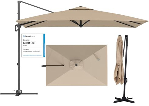 COSTWAY Sombrilla Terraza Exterior con Base, Parasol Excéntrico Inclinable con Rotación de 360°, 8 Varillas y Ventilación Superior, Sombrilla Jardín Rectangular (300 x 200 cm (con Base),Beige)