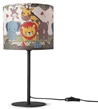 Paco Home Tischlampe Kinderzimmer Nachtisch Lampe Stoffschirm Rund Dschungel Tiere Junge Mädchen E27 Zoo Mit Stecker