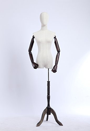 Eurotondisplay weibliche Büste Schneiderpuppe, B-3T-G Leinenbezug stoffbezogenen Oberkörper und Kopf ,Arme und Finger aus Holz beliebig verstellbar, dunkler Holzstand (B-3T-G Frau)