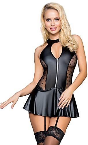 comeondear Wetlook Dessous Frau Große Größen PU Leder Sexy Minikleid Erotische Kleid Lederkleid Damen mit Strapse Reizwäsche für Mollige Frauen Negligee Curvy Clubwear Lingerie Women Schwarz,L