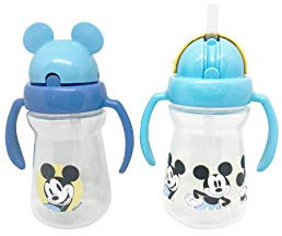 Disney Cudlie Mickey Mouse Baby Girl 2 Pack of 6 Oz Sippers Handles Pop Up Straw Character Molded Lid in Yellow & Blue