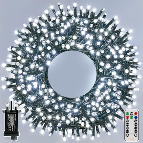 Ollny 20m 200 LED Outdoor Fairy Lights Mains Powered, Cool White Waterproof String Light with Plug/Remote/Modes/Timer, Bright Lighting Outside Indoor Garden Party Wedding Decorations