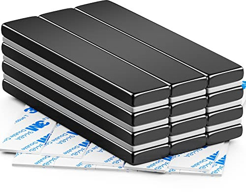 FINDMAG Neodym Magnet Extra Stark, 12 Stück 60 x 10 x 3 mm Starke Magnete mit Doppelseitigem Klebeband, Whiteboard Magnete für Magnettafel, Kühlschrank, Wand, Holz, Glas, Stoff, Kunststoff