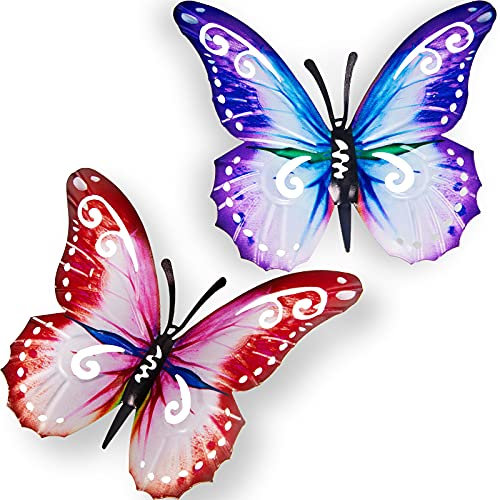 2 Stücke Outdoor Große Metall Schmetterling Garten Dekorationen Outdoor Wandkunst Metall Schmetterling für Outdoor Zäune Schuppen Wände, 27 x 22 cm (Rosa und Blau)