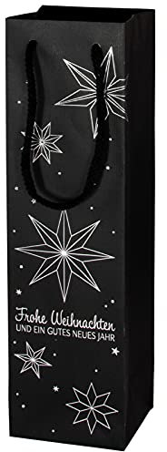 10x Wein Geschenktüte Weihnachten, für 1 Flasche, Streifenstruktur mit Sternmotiv, Schwarz & Silber