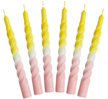 Candele con un Twist, giallo e rosa con una cintura bianca intrecciata, multicolore, candele non profumate, 6 pz.