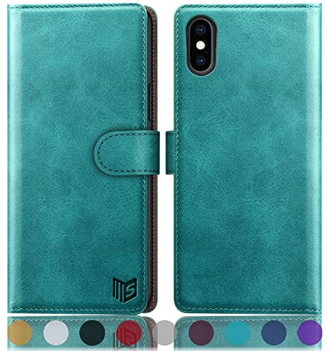 SUANPOT [RFID Schutz für iPhone X/XS 5,8-Zoll hülle PU Leder handyhülle Lederhülle klapphülle Kartenfach Flip Phone Case Cover für iPhone X/XS handyhülle Blau Grün