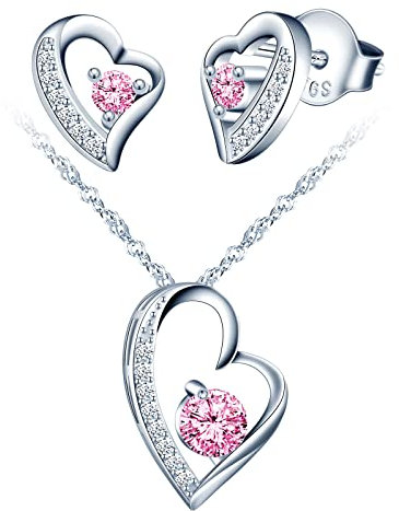 Yumilok Schmuckset Damen 925 Sterling Silber Halskette & Ohrringe Set, Herz Anhänger mit 45cm Kette & Ohrstecker mit Rose Zirkonia für Frau