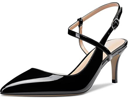 HDEUOLM Scarpe da Donna con Tacco Medio Slingback Gattini Heel a Punta Sandali Taglia Extra Pumps Cinturino alla Caviglia Nero Verniciata 37 EU