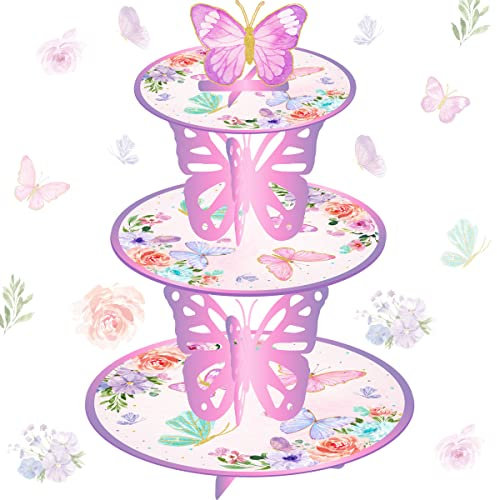 Alzata per cupcake a 3 livelli per feste a farfalla rosa per baby shower primavera farfalla festa di compleanno tavolo supporto per torte decorazioni per bambini cupcake stand farfalla decorazioni a