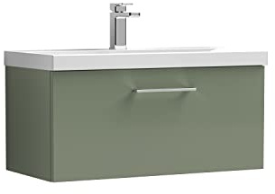 nuie ARN825D Arno Modern Bathroom Wall Hung 1 Drawer Vanity Unit with Thin-Edge Ceramic Basin, 800mm, Satin Green