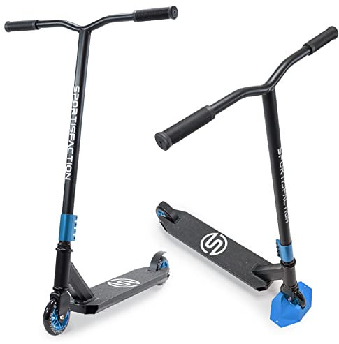 Sportisfaction Stuntscooter | Robustes Design für Tricks & Stunts | ABEC11 Kugellager | 100kg Belastung für Kinder & Erwachsene | Hochwertiges Aluminiumdeck | Coole Farbauswahl (blau, gelb oder rot)