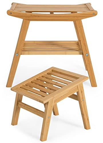 GYMAX Set di 2 Sgabelli per Doccia, Poggiapiedi Impermeabile da Bagno in Bambù con Poggiapiedi, Multiuso Antiscivolo, Adatto per Anziani/Bambini/Donne Incinte, Carico di 150 kg, Legno Naturale