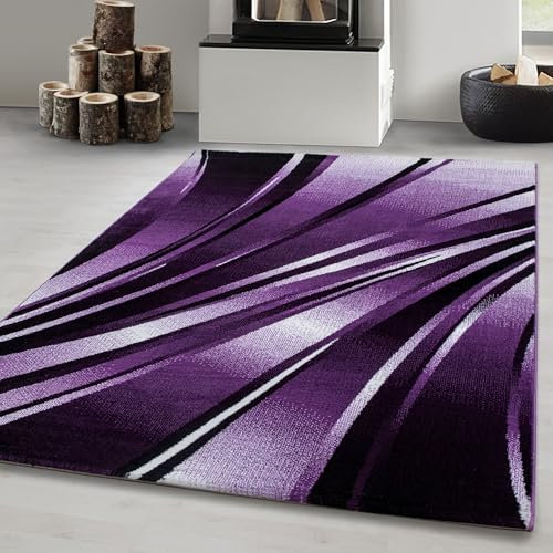 Carpetsale24 Teppich Wohnzimmer Moderne Abstrakt Wellen Design Lila - Schwarz- Weiß 280 x 370 cm - Kurzflor Teppich Schlafzimmer Pflegeleicht Extra Weich - Flauschig Teppich Waschbar Esszimmer Küche