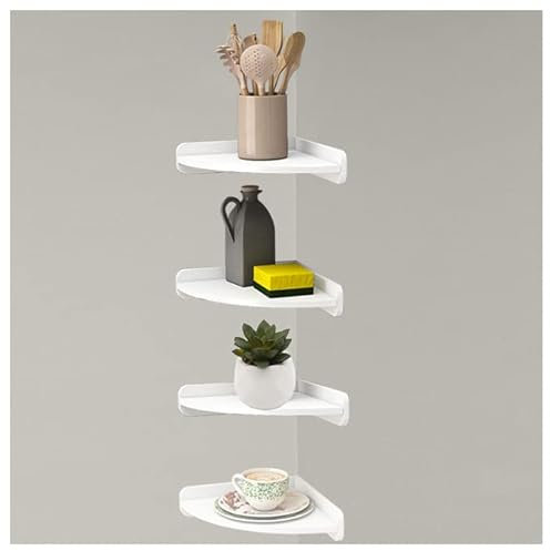 White Corner Shelf, 4 Tier Floating Wall Shelves Wall Mounted No Drilling Corner Stand Kitchen Bedroom, Living Room, Bathroom (L)