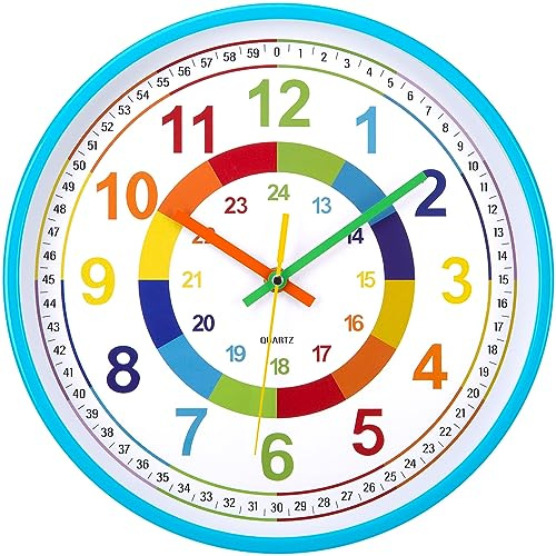 VINILITE Horloge Murale Apprentissage pour Enfants avec Movement Silencieux Horloge Murale Éducative Chiffres Colorées Facile à Lire pour École, Classe, Salon et Chambre