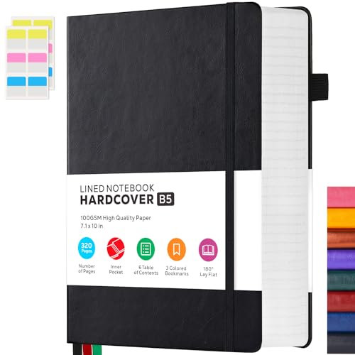 FOCUS DAY Notizbuch im College-Raster, dickes Notizbuch mit 100 g/m² Papier, großes liniertes Notizbuch im B5-Format für Frauen & Männer, 18 x 25cm, 320 Seiten, schwarzes Leder-Notizbuch