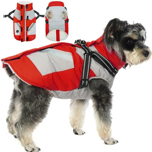Hundemantel Wasserdicht mit Geschirr, Winterjacke Reflektierende Hund Jacke Warm Weste Hundekleidung Winddichte Mantel Fleece Hunde Rollkragenpullover mit Geschirr(Rot, L)