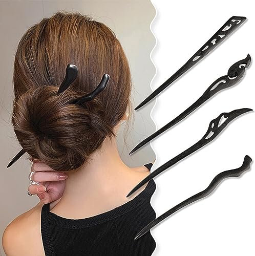 QUUPY 4 palillos de madera vintage para el pelo, color negro, 7 pulgadas, 4 unidades, forma de garra, estilo retro, accesorio para moño de pelo para mujer