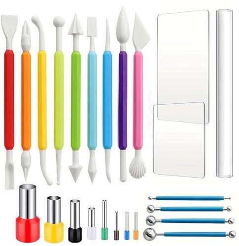 24 Pieces Clay DIY Tool Set, Acrylic Clay Roller, Acrylic Sheet, Rubber Handle Ball Stylus, Stainless Steel Round Circle Shape Cutter, Plastic Polymer Clay Shaping Tool for DIY Craft