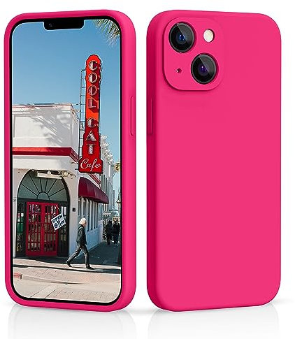 CALOOP Slim-Fit for iPhone 13,Sturdy Shockproof Hard Frame Cover with Anti-Scratch Microfiber Lining,Skin Soft Liquid Silicone,Full Protection for Screen and Camera Lens(Hot Pink)
