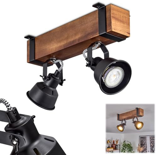 Deckenleuchte Safari, moderne Deckenlampe aus Metall/Holz in Schwarz/Dunkelbraun, Deckenleuchte im Industrial Design mit verstellbaren Schirmen, 2-flammig, 2 x GU10 ohne Leuchtmittel