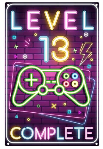 Retro Blechschild 13. Geburtstag Junge, LEVEL 13 COMPLETE Türschild Kinderzimmer, 13 Jahre Geburtstag Deko, lustiges Geburtstagsschild 13, Gamer Geburtstagskarte 13, Geschenk für Mädchen und Junge