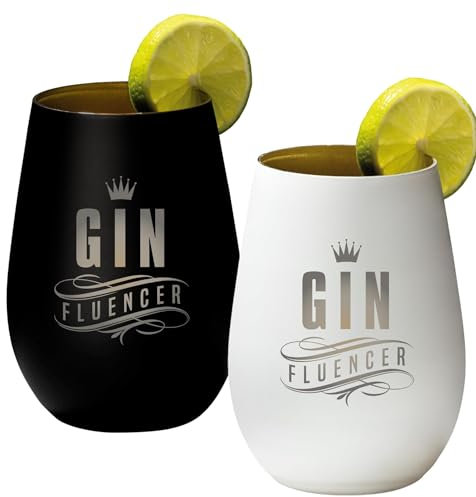 4youDesign 2-er Set Gin Tonic Glas mit Spruch GINfluencer – Geschenk für Männer, Frauen zum Muttertag oder Vatertag – Tumbler-Party-Glas aus Kristallglas – Schwarz & Weiß – 465ml