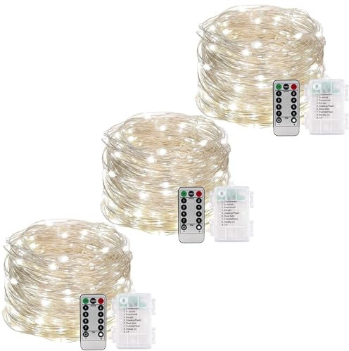 ZQX Lot de 3 guirlandes lumineuses à piles, 10 m, 100 LED, avec minuterie, 8 modes, guirlande lumineuse à piles DIY avec télécommande pour fête, mariage, Noël, décoration intérieure et extérieure -